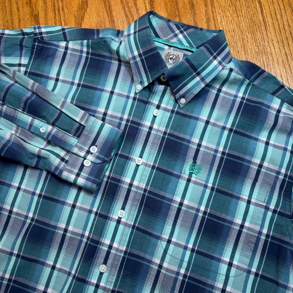 Cinch Button Down Shirt Mens Small Teal Plaid Western MTW1105218 Long Sleeve
